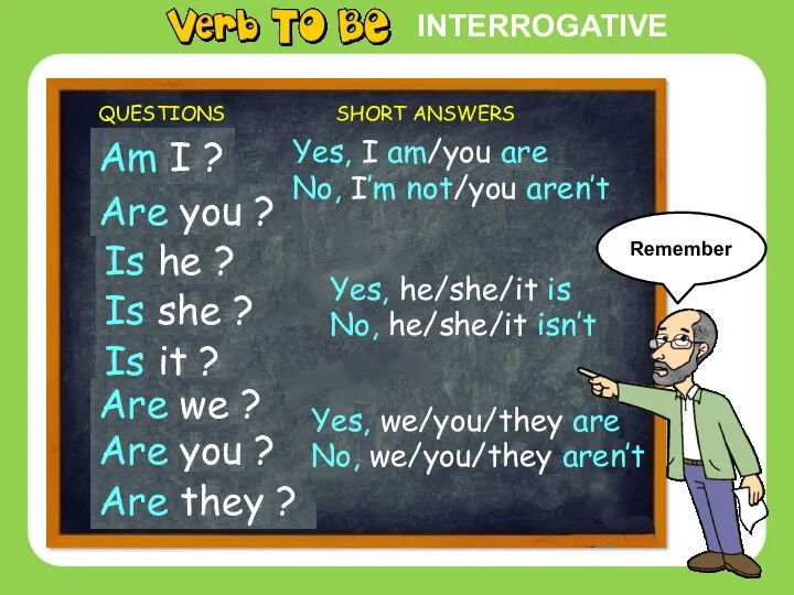 INTERROGATIVE Yes, he/she/it is No, he/she/it isn’t QUESTIONS SHORT ANSWERS I am