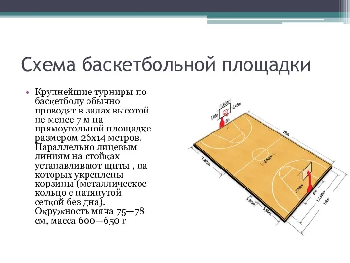 Схема баскетбольной площадки Крупнейшие турниры по баскетболу обычно проводят в залах высотой