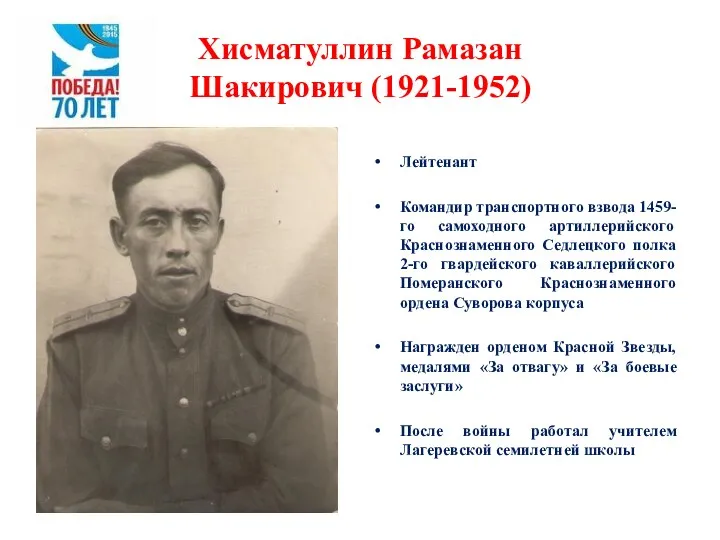 Хисматуллин Рамазан Шакирович (1921-1952) Лейтенант Командир транспортного взвода 1459-го самоходного артиллерийского Краснознаменного