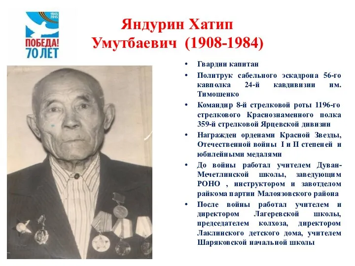 Яндурин Хатип Умутбаевич (1908-1984) Гвардии капитан Политрук сабельного эскадрона 56-го кавполка 24-й