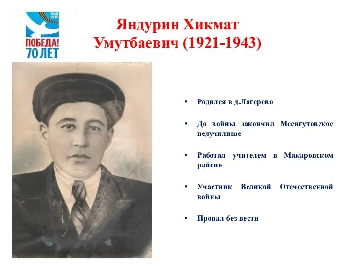 Яндурин Хикмат Умутбаевич (1921-1943) Родился в д.Лагерево До войны закончил Месягутовское педучилище