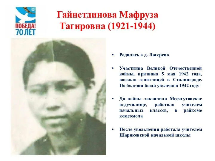 Гайнетдинова Мафруза Тагировна (1921-1944) Родилась в д. Лагерево Участница Великой Отечественной войны,