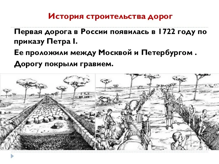 Первая дорога в России появилась в 1722 году по приказу Петра I.