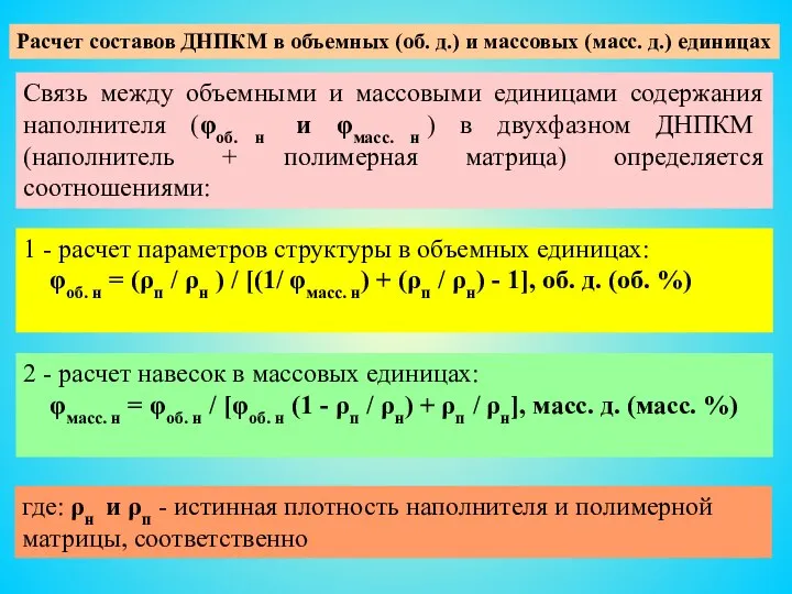 Расчет составов ДНПКМ в объемных (об. д.) и массовых (масс. д.) единицах