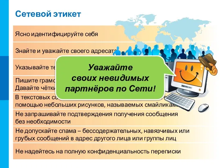 Ясно идентифицируйте себя Знайте и уважайте своего адресата Указывайте тему сообщения Пишите