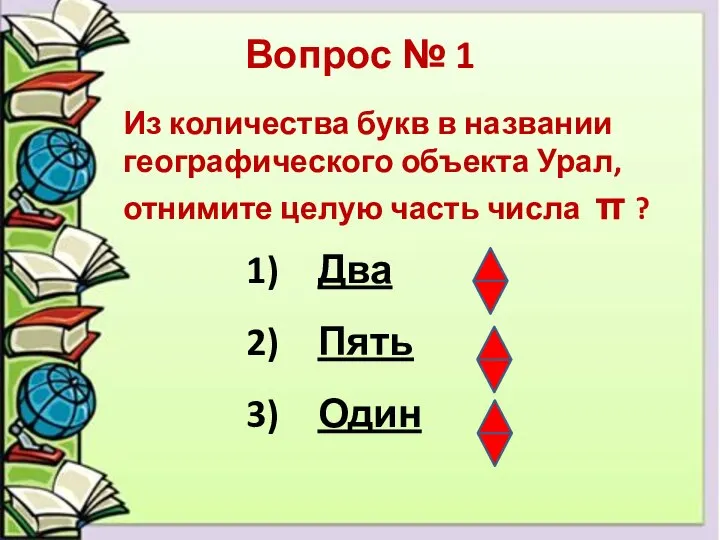 Вопрос № 1 Из количества букв в названии географического объекта Урал, отнимите