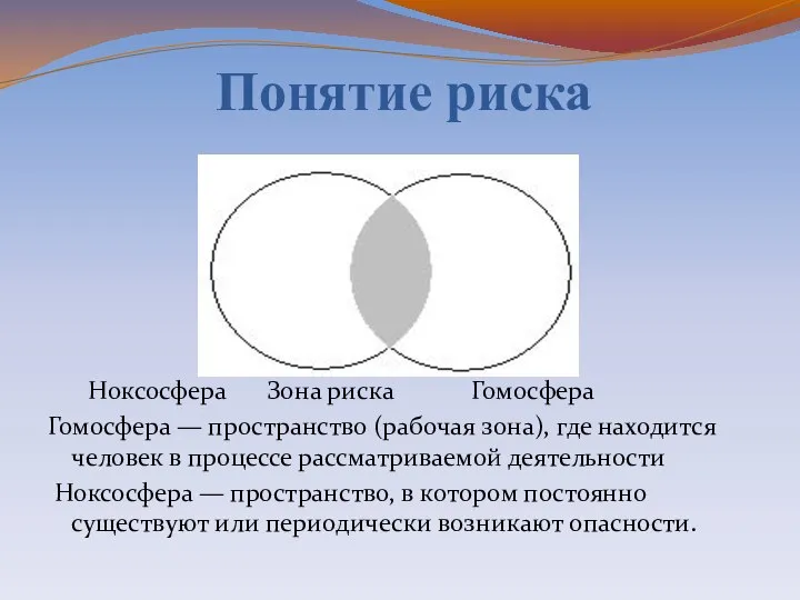 Понятие риска Ноксосфера Зона риска Гомосфера Гомосфера — пространство (рабочая зона), где