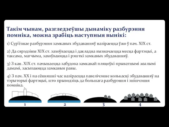 Такім чынам, разгледзеўшы дынаміку разбурэння помніка, можна зрабіць наступныя вынікі: 1) Сур’ёзнае