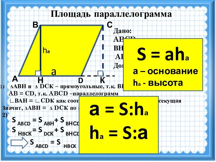 Площадь параллелограмма А D Н К С В Дано: ABCD -параллелограмм, ВН