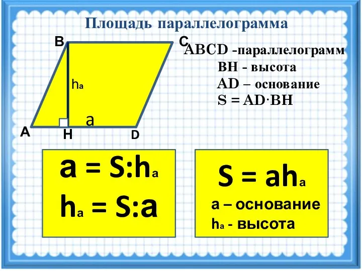 Площадь параллелограмма А D Н С В ABCD -параллелограмм ВН - высота