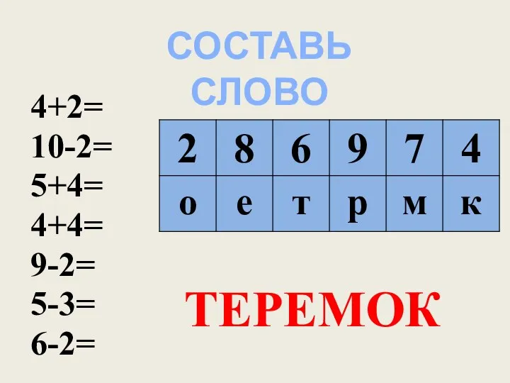 4+2= 10-2= 5+4= 4+4= 9-2= 5-3= 6-2= СОСТАВЬ СЛОВО ТЕРЕМОК