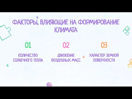 ХАРАКТЕР ЗЕМНОЙ ПОВЕРХНОСТИ ФАКТОРЫ, ВЛИЯЮЩИЕ НА ФОРМИРОВАНИЕ КЛИМАТА 01 КОЛИЧЕСТВО СОЛНЕЧНОГО ТЕПЛА