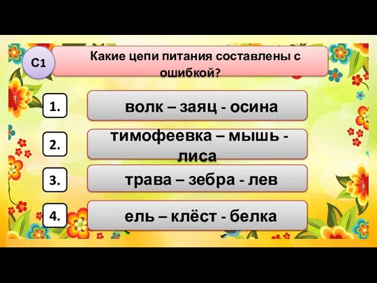 ель – клёст - белка Какие цепи питания составлены с ошибкой? С1