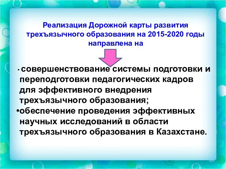 Реализация Дорожной карты развития трехъязычного образования на 2015-2020 годы направлена на совершенствование