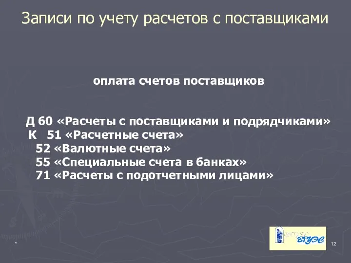 * Записи по учету расчетов с поставщиками оплата счетов поставщиков Д 60