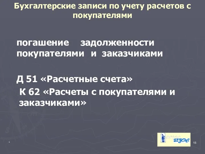 * Бухгалтерские записи по учету расчетов с покупателями погашение задолженности покупателями и