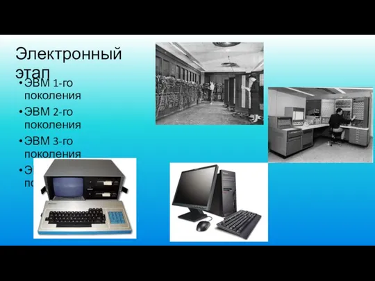 Электронный этап ЭВМ 1-го поколения ЭВМ 2-го поколения ЭВМ 3-го поколения ЭВМ 4-го поколения