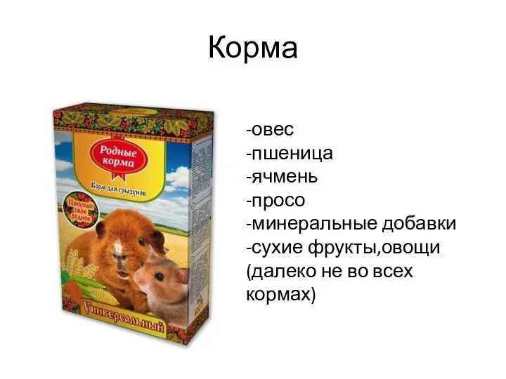 Корма -овес -пшеница -ячмень -просо -минеральные добавки -сухие фрукты,овощи(далеко не во всех кормах)