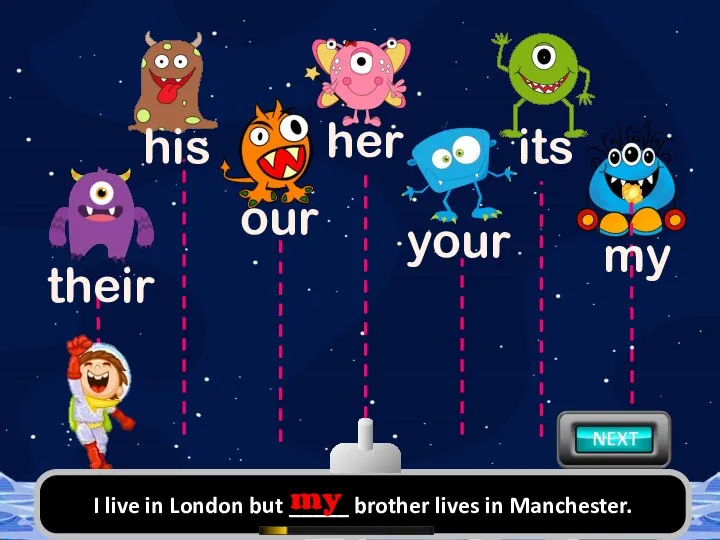 I live in London but _____ brother lives in Manchester. my their