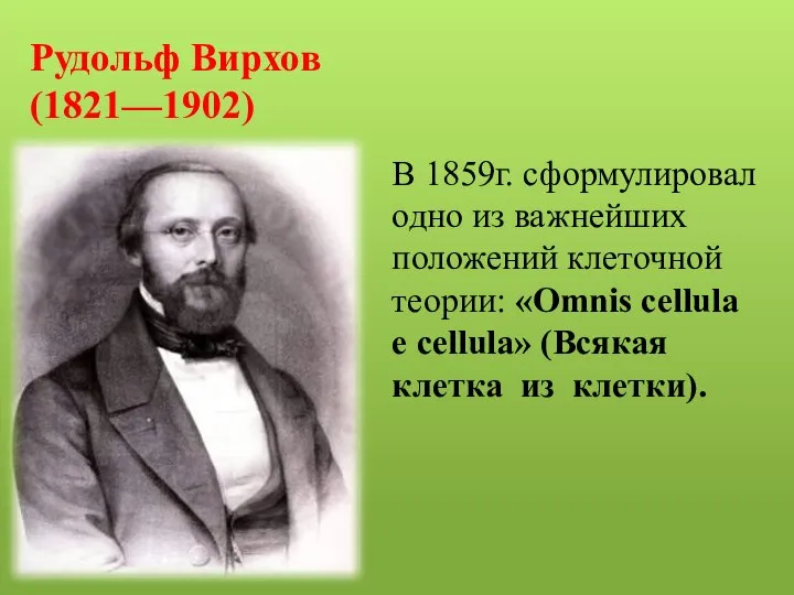 Рудольф Вирхов (1821—1902) В 1859г. сформулировал одно из важнейших положений клеточной теории: