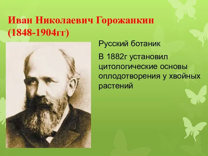 Иван Николаевич Горожанкин (1848-1904гг) Русский ботаник В 1882г установил цитологические основы оплодотворения у хвойных растений