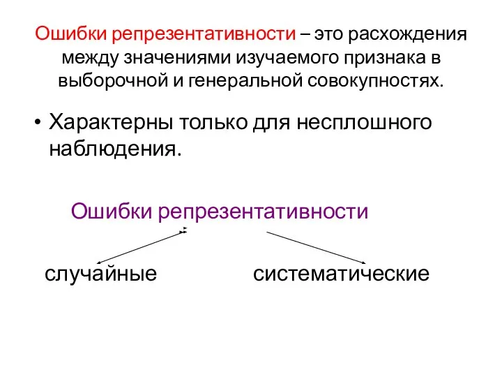 Ошибки репрезентативности – это расхождения между значениями изучаемого признака в выборочной и