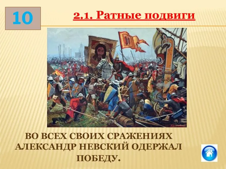 ВО ВСЕХ СВОИХ СРАЖЕНИЯХ АЛЕКСАНДР НЕВСКИЙ ОДЕРЖАЛ ПОБЕДУ. 10 2.1. Ратные подвиги