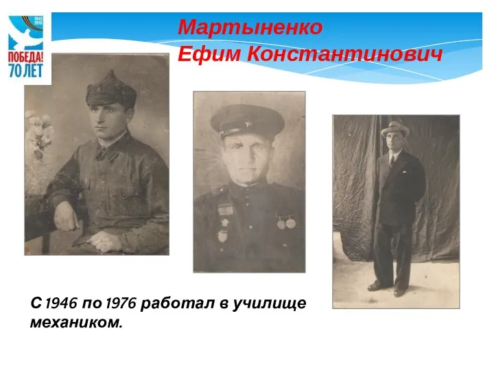 Мартыненко Ефим Константинович С 1946 по 1976 работал в училище механиком.