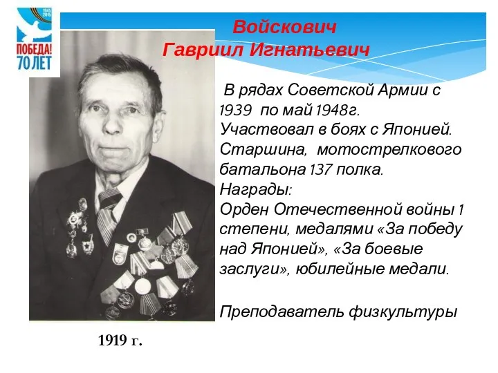 В рядах Советской Армии с 1939 по май 1948г. Участвовал в боях