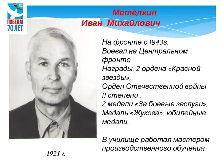 На фронте с 1943г. Воевал на Центральном фронте Награды: 2 ордена «Красной