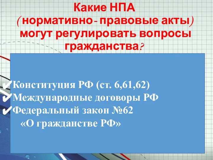 Какие НПА ( нормативно- правовые акты) могут регулировать вопросы гражданства? Конституция РФ