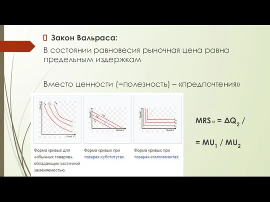 Закон Вальраса: В состоянии равновесия рыночная цена равна предельным издержкам Вместо ценности