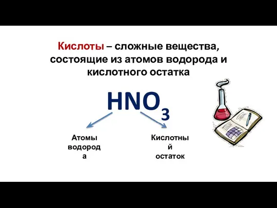 Кислоты – сложные вещества, состоящие из атомов водорода и кислотного остатка HNO3 Атомы водорода Кислотный остаток