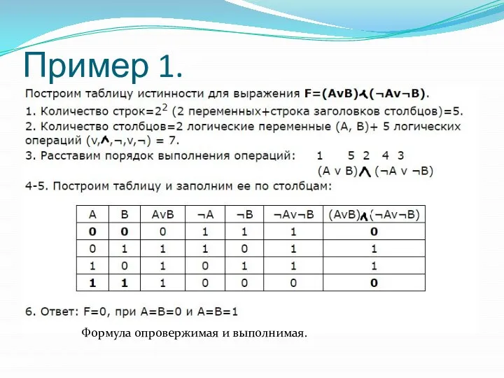 Пример 1. Формула опровержимая и выполнимая.