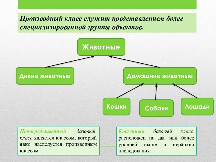 Производный класс служит представлением более специализированной группы объектов. Животные Дикие животные Домашние