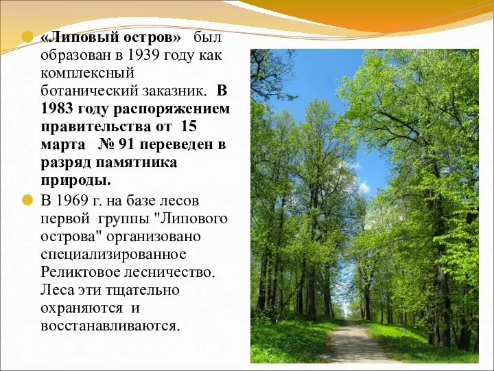 «Липовый остров» был образован в 1939 году как комплексный ботанический заказник. В