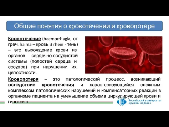 Общие понятия о кровотечении и кровопотере Кровотечение (haemorrhagia, от греч. haima –