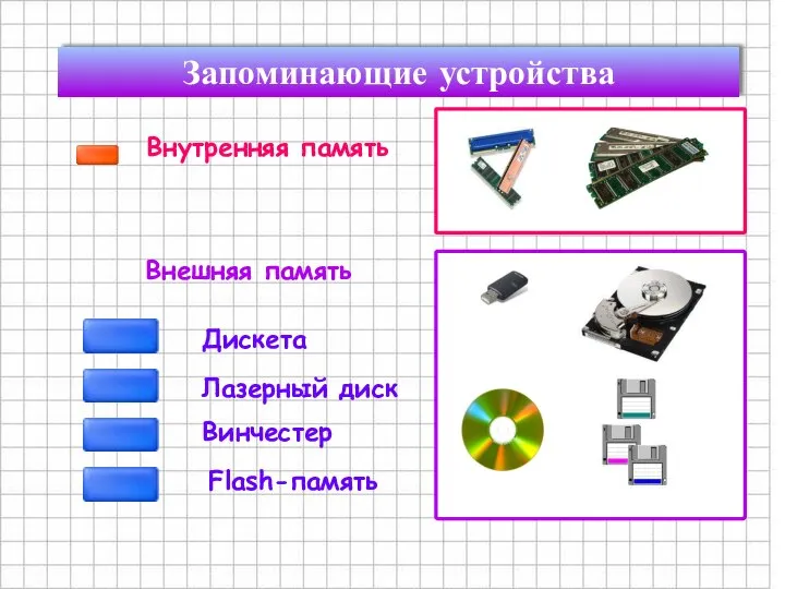 Запоминающие устройства Дискета Лазерный диск Винчестер Flash-память Внешняя память Внутренняя память