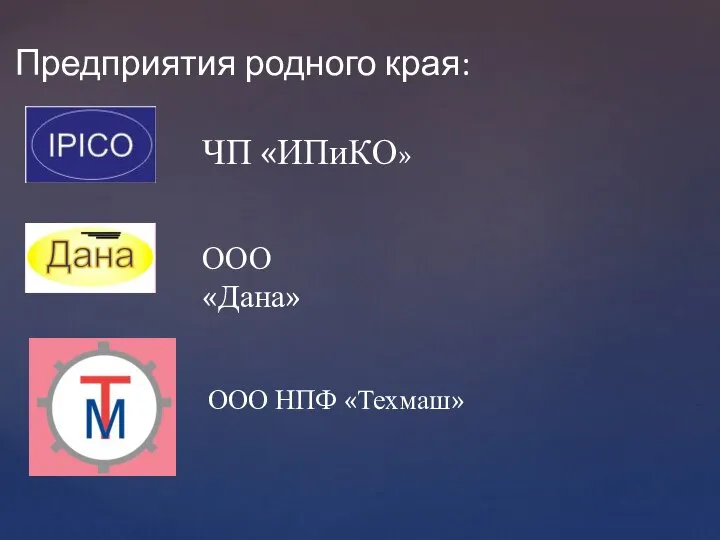 Предприятия родного края: ЧП «ИПиКО» ООО «Дана» ООО НПФ «Техмаш»