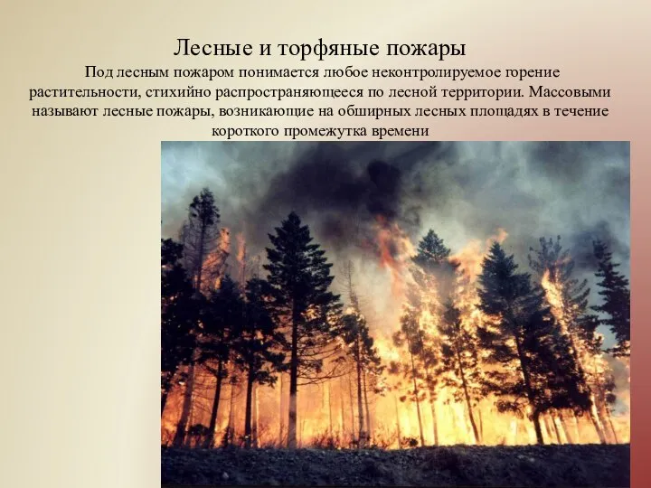 Лесные и торфяные пожары Под лесным пожаром понимается любое неконтролируемое горение растительности,