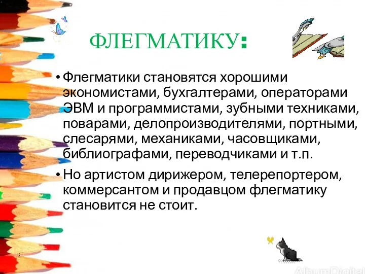 ФЛЕГМАТИКУ: Флегматики становятся хорошими экономистами, бухгалтерами, операторами ЭВМ и программистами, зубными техниками,