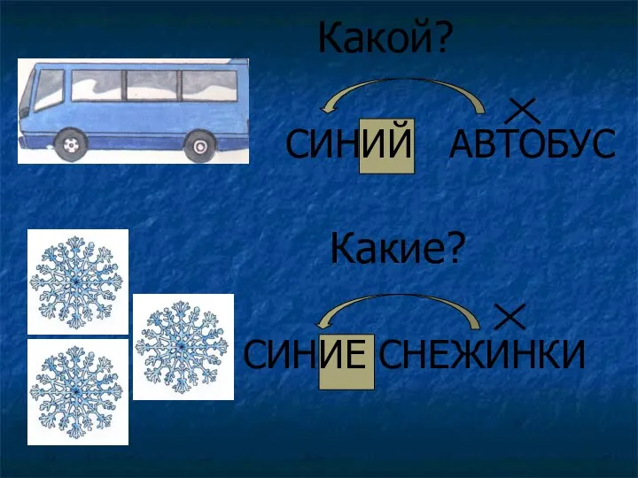 Какой? СИНИЙ АВТОБУС Какие? СИНИЕ СНЕЖИНКИ