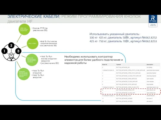 ЭЛЕКТРИЧЕСКИЕ КАБЕЛИ| РЕЖИМ ПРОГРАММИРОВАНИЯ КНОПОК двигателя HF Использовать указанный двигатель: 100 кг-