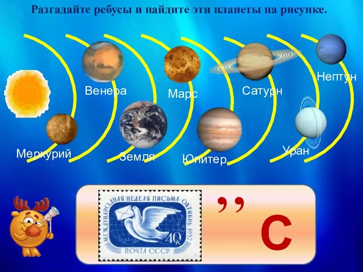 Меркурий Разгадайте ребусы и найдите эти планеты на рисунке. Венера Земля Марс