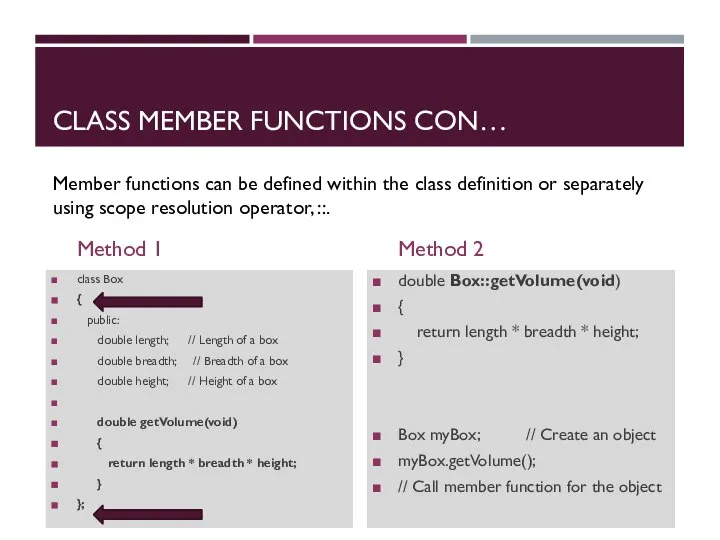 CLASS MEMBER FUNCTIONS CON… Method 1 class Box { public: double length;