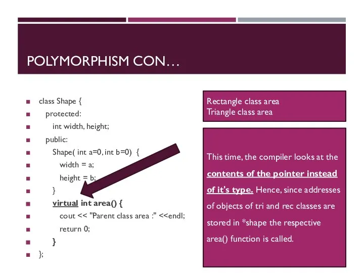 POLYMORPHISM CON… class Shape { protected: int width, height; public: Shape( int