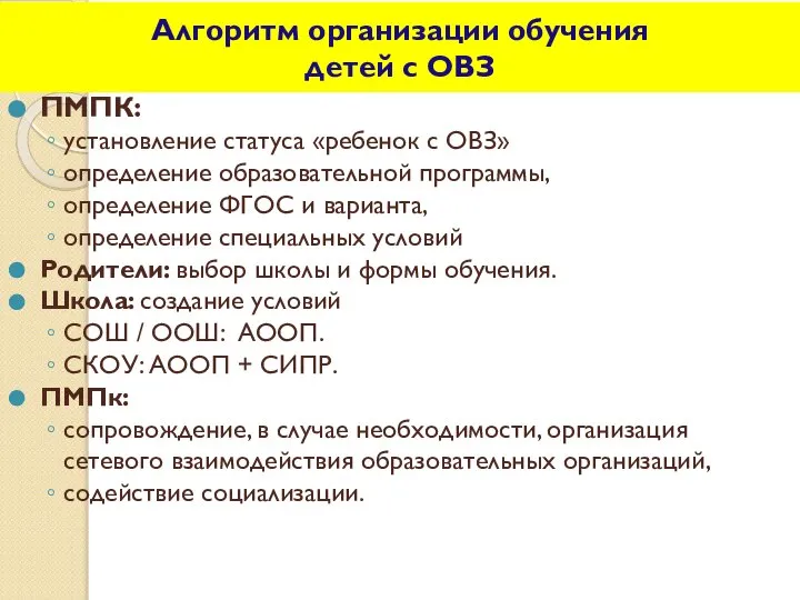 Алгоритм организации обучения детей с ОВЗ ПМПК: установление статуса «ребенок с ОВЗ»