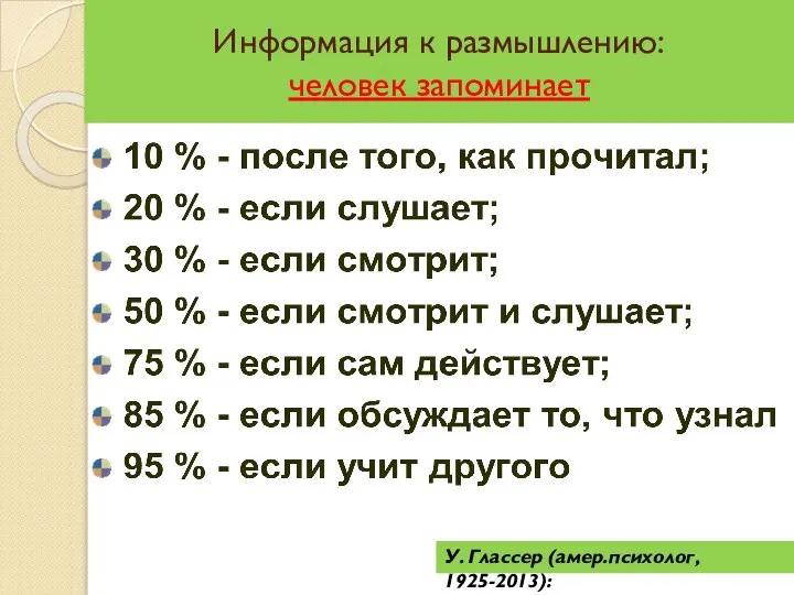 Информация к размышлению: человек запоминает У. Глассер (амер.психолог, 1925-2013):