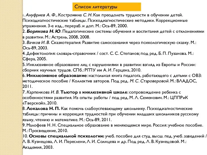 1. Ануфриев А. Ф., Костромина С. Н. Как преодолеть трудности в обучении