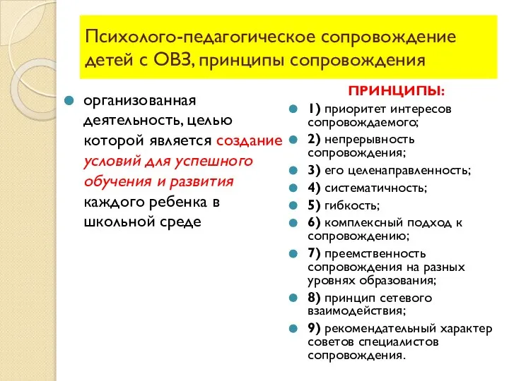 Психолого-педагогическое сопровождение детей с ОВЗ, принципы сопровождения организованная деятельность, целью которой является